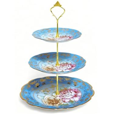 Imagem de Suportes de sobremesa azuis para cupcake de 33,5 cm, 33,5 cm, salgadinhos, biscoitos, aperitivos de frutas, travessas em camadas, bandeja de servir para chá, chá de panela, evento de casamento