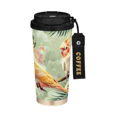 Imagem de SEHANY Caneca de café de viagem Flores e pássaros de 482 g com tampa revestida de cerâmica e à prova de vazamento, parede dupla, copo de aço inoxidável isolado a vácuo para bebidas quentes e frias