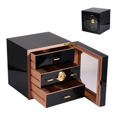 Imagem de HGTRH Humidificador Armário de charutos com 3 gavetas, caixa de charutos com cedro espanhol embutido higrômetro placa removível