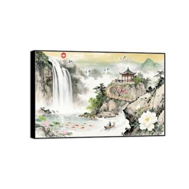 Imagem de Chinoiserie Arte de parede paisagem imagem em tela - montanha cachoeira lago-pintura chinesa impressão moldura preta para decoração de casa 20x30cm8x12in
