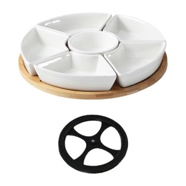 Imagem de IEUDNS Pratos de servir divididos Conjunto de condimentos de cerâmica Pratos de porcelana laváveis na máquina de lavar louça Bandeja de bambu para festa, com Bandeja Giratória