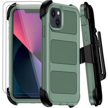 Imagem de Capa para iPhone 13 com clipe de cinto, capa protetora antiqueda à prova de choque de grau militar com 2 protetores de tela e suporte, 2 camadas de capa protetora resistente e resistente (verde escuro
