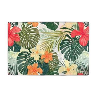 Imagem de ZERAOKE Tapetes de área de flores de hibisco para sala de estar de 1,2 x 1,5 m, tapete macio e moderno, tapetes felpudos antiderrapantes para decoração de casa, tapete lavável para quarto, jantar,