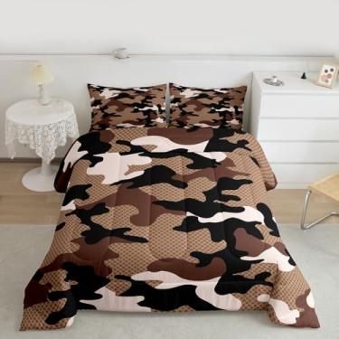 Imagem de jejeloiu Conjunto de edredom camuflado, tamanho casal, para crianças, meninos, meninas, estilo militar, edredom marrom, decoração de quarto, 3 peças com 2 fronhas