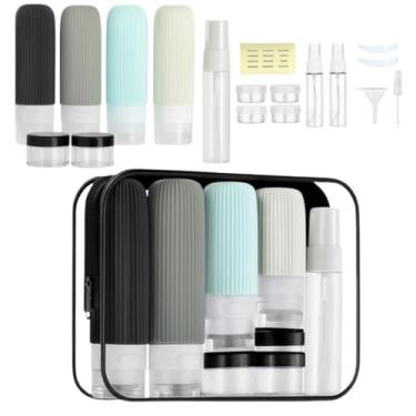 Imagem de Kit para viagem luxo 17 Peças organizador mala Frascos potes necessaire silicone creme dispenser shampoo (Preto)