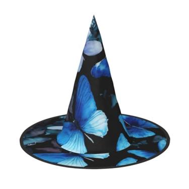 Imagem de SKKNT Borboletas azuis com estampa de flores brancas chapéu de bruxa unissex carnaval fantasia acessório boné festas eventos temáticos