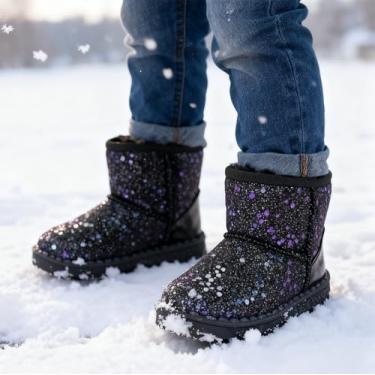 Imagem de Botas de neve infantis com glitter, sapatos quentes de inverno, com lantejoulas, brilhantes, para uso ao ar livre, antiderrapante (bebês/crianças pequenas), Preto, 11.5 Little Kid