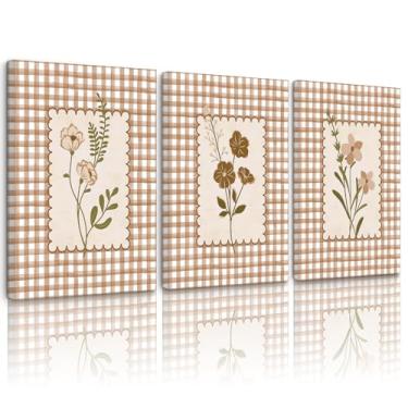 Imagem de Arte de parede floral vintage marrom guingão impressões em tela botânica de flores silvestres decoração de parede pôster retrô imagens de flores neutras pintura de plantas tela embrulhada para sala de