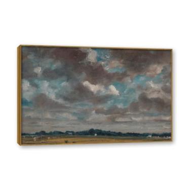 Imagem de Moldura de teca. Arte em tela romantismo estilo constable (nuvens cinzentas redemoinho), pintura de paisagem inglesa emoldurada, decoração de parede elegante para sala de estar escritório. 80 x 120 cm