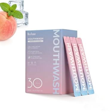 Imagem de Enxaguante bucal tamanho viagem pacote com 30, mini enxaguante bucal sabor pêssego tamanho viagem para hálito fresco, hotéis embalados individualmente, produtos de higiene pessoal portátil tamanho