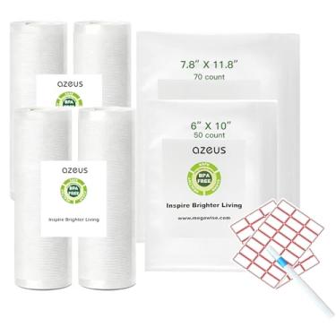 Imagem de AZEUS Kit variado de sacos de armazenamento de alimentos: 120 sacos e 4 rolos (rolos de 15 x 25 cm 50 ct + 70 x 30 cm + rolos de 20 cm e 28 cm, 16,4 pés de comprimento cada) com marcador e etiquetas