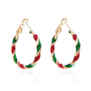 Imagem de Brincos de argola de Natal para mulheres, círculos, brincos de Natal, vermelho, verde, torcido, declaração de Natal, pingente, pingente, pingente, joia, baile, Natal, 2024, presente, Large, Metal, Sem
