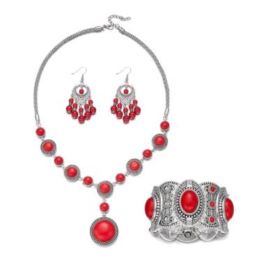 Imagem de RINHOO FRIENDSHIP Conjunto de 3 peças de joias boêmias turquesa para mulheres - Colar vintage ocidental brincos pulseira acessórios de vaqueira para presente de concerto country, Medium, Metal, Sem