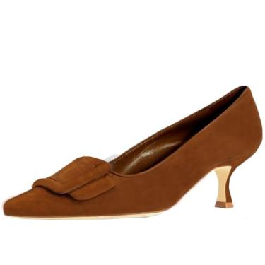 Imagem de Axellion Sapato social feminino de camurça, bico fino, salto baixo, fivela, Camurça marrom, 36