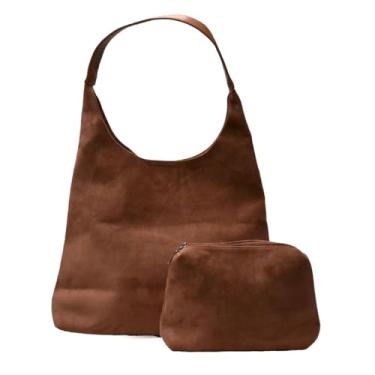 Imagem de Nupouch Bolsa Hobo de camurça Calla Milan, bolsa feminina de camurça vegana, elegante, bolsa, bolsa com zíper, conjunto de 2 peças, estilo moderno, Cacau, Medium