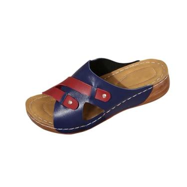 Imagem de Tênis feminino Roman Leisure Bow Step com salto cunha e combinação de cores para uso casual, adequado para uso diário ao ar livre e interno com material PU de salto de 4,5 cm, Azul marino, 34
