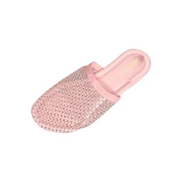 Imagem de Chinelos femininos com strass bico redondo bico fechado casual praia primavera verão versátil UE 36-43 Reino Unido 3,5-7 EUA 5,5-9 comprimento do pé 23-26,7 cm, rosa, 34