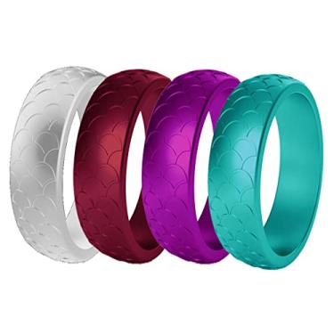 Imagem de Aliança de casamento feminina de silicone 4 cores um conjunto de anéis de borracha de superfície de escama de peixe para esportes ao ar livre, tamanho 4-10, Silicone, Sem pedra preciosa
