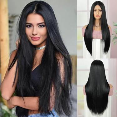 Imagem de Peruca preta longa para mulheres, cabelo natural, preto, liso, natural, para meninas, cosplay, cabelo liso, preto, cabelo sintético de cabeça inteira, fantasia feminina (61 cm, preto)