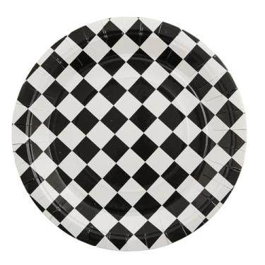 Imagem de Pratos de jantar descartáveis de papel xadrez preto e branco de 24 cm - 8 unidades