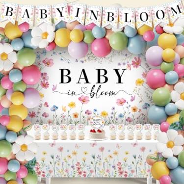 Imagem de Baby in Bloom Decorações de chá de bebê para meninas - Kit de guirlanda de balões com 92 peças, faixa de bebê em flor, pano de fundo, toalha de mesa floral, balões de margarida, topos de bolo e