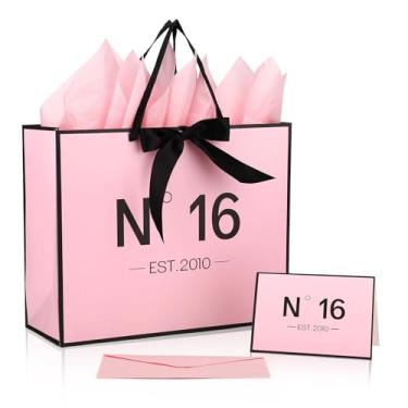 Imagem de Sacola de Presente N°16 EST.2010, Sacola de Presente Rosa para Aniversário 16 Anos Inclui Cartão Envelope Fita e Papel Seda Adequada para Filhas Netas e Amigas