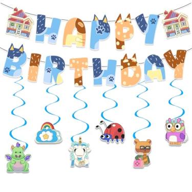 Imagem de 7 peças de decoração de festa de aniversário de cachorro azul de desenho animado faixa azul e laranja suprimentos redemoinhos pendurados pata decorações de chá de bebê cachorro feliz aniversário