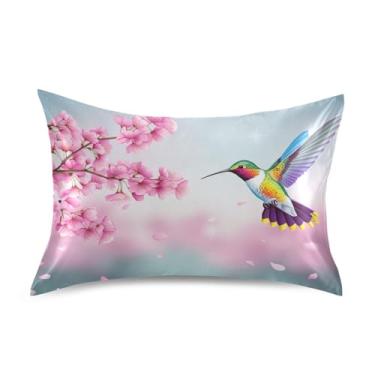 Imagem de Travesseiros de cetim floral rosa pássaro desenho animado floral refrescante king queen travesseiro travesseiro bonito decoração tamanho padrão 66.0 cm x 50.8 cm