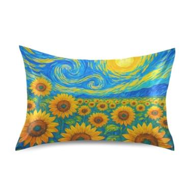 Imagem de Fronhas de cetim azul estrelado vintage girassol para resfriamento de cabelo King Queen fronha padrão impressa decoração de casa roupa de cama tamanho queen 76 cm x 50 cm