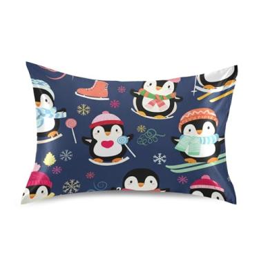 Imagem de Fronhas legais com estampa de pinguins fofos inverno azul rei queen almofadas padrão chinelos cetim refrescante decoração de quarto estética personalizada tamanho king size 101,6 cm x 50,8 cm