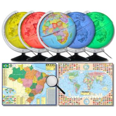 Imagem de GLOBO TERRESTRE POLÍTICO LUMINOSO MULTICOLOR 30CM + LUPA + MAPA MUNDI + MAPA BRASIL