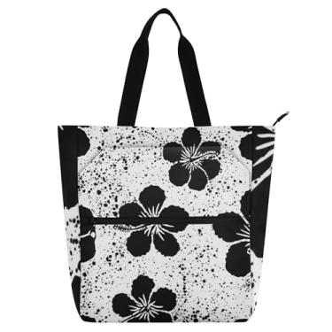 Imagem de GAIGEO Sacolas femininas de trabalho com flores de hibisco preto e branco para livros de praia com zíper bolsa infantil com compartimentos