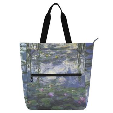 Imagem de Claude Monet Water Lily Painting Work Tote Bag for Women Canvas Zipper Tote Bolsa de praia Bolsas para professores Livro Amante Presente