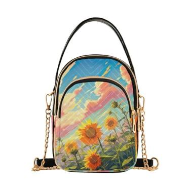 Imagem de GAIGEO Bolsa tiracolo feminina listrada azul e beisebol, bolsa transversal com alça moderna, bolsas transversais modernas para mulheres, Campo de girassóis com nuvens - 3, One Size