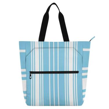 Imagem de GAIGEO Sacolas de trabalho femininas com listras verticais azul claro e branco para mulheres de lona, praia, escola, bolsas médias para amantes de livros
