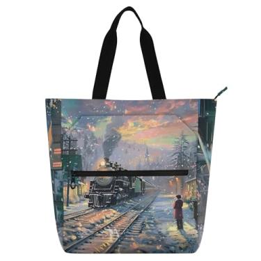 Imagem de GAIGEO Bolsa feminina de inverno com pintura de trem de aldeia para trabalho, escola, bolsa de mão média, para amantes de livros