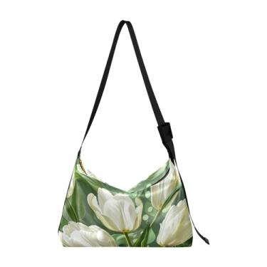 Imagem de Tulipas em verde com folhas, bolsa de couro com alça, bolsa tiracolo de couro, bolsa tiracolo feminina, Tulipas em verde com folhas-2, One Size