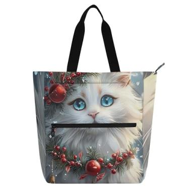 Imagem de GAIGEO Bolsa de trabalho de Natal de gato branco para mulheres, bolsa de lona com zíper, bolsa de praia para professores de presente para amantes de livros
