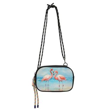 Imagem de Flamingos Beach Aquarela Bolsa feminina transversal pequena carteira para celular bolsa de ombro bolsa de viagem casual