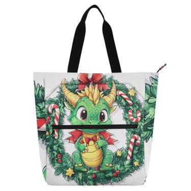 Imagem de GAIGEO Guirlanda de Natal dragão verde bolsa de trabalho para mulheres bolsa de lona bolsa escolar bolsa média com compartimentos