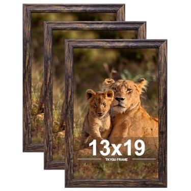 Imagem de TKYGU Conjunto de 3 porta-retratos de 33 x 48 cm, molduras de madeira marrom para montagem na parede horizontal ou verticalmente, porta-retratos de galeria de 33 x 48 cm com acrílico resistente a