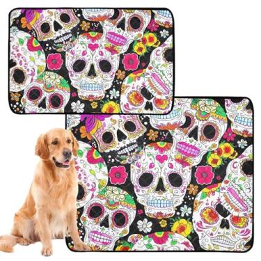 Imagem de TSENQUE Almofadas coloridas de caveiras e flores pretas para animais de estimação, almofadas de xixi, reutilizáveis, para cães, à prova d'água, almofadas de penico fofas, absorventes de cachorro