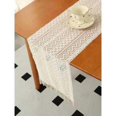 Imagem de Caminho De Mesa De Algodão Bege Com Renda E Franjas Para Decoração De 