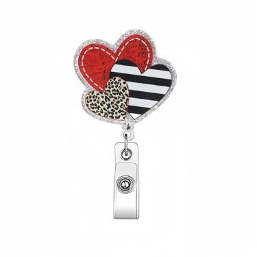 Imagem de Carretel de crachá de coração de dia dos namorados, suporte de crachá de leopardo listrado vermelho com clipe retrátil, carretel de crachá de cobertura completa com glitter brilhante, porta-crachás de