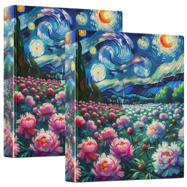 Imagem de Peony Flowers Starry Night 3 fichários com 3 anéis de 3,8 cm comporta 200 folhas, fichário fofo para cadernos, anéis redondos, fichários de escritório, 1 pacote