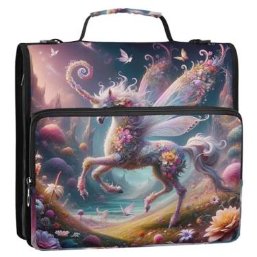 Imagem de Organizador de fichário de unicórnio com zíper, 3 anéis, anel D de 3 cm, bolsa de fichário para ensino médio com alça, vários bolsos, pasta grande para portfólio