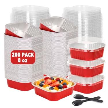 Imagem de DeziWood Pacote com 200 mini formas de bolo quadradas vermelhas de 227 g com tampas, mini formas de pão com tampas, copos quadrados de folha de alumínio para brownie de ramekins muffin cupcake festa