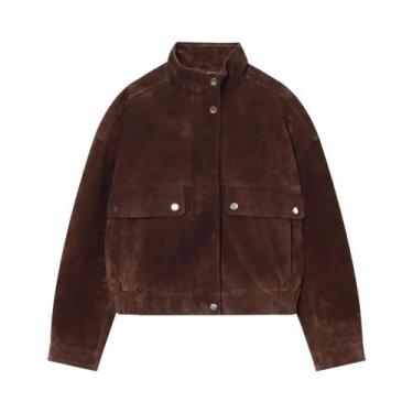 Imagem de Jaqueta Bomber Feminina De Manga Longa Com Bolsos Frontais, Zíper E Go