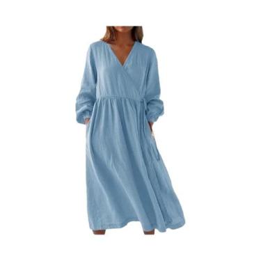 Imagem de Vestido A-line De Algodão E Linho Com Decote Em V, Manga Longa, Cintur
