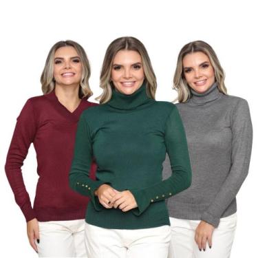 Imagem de Kit 3 Blusa Feminina Tricô Deconte V Gola Alta Manga Botão Lã Lisa Inv